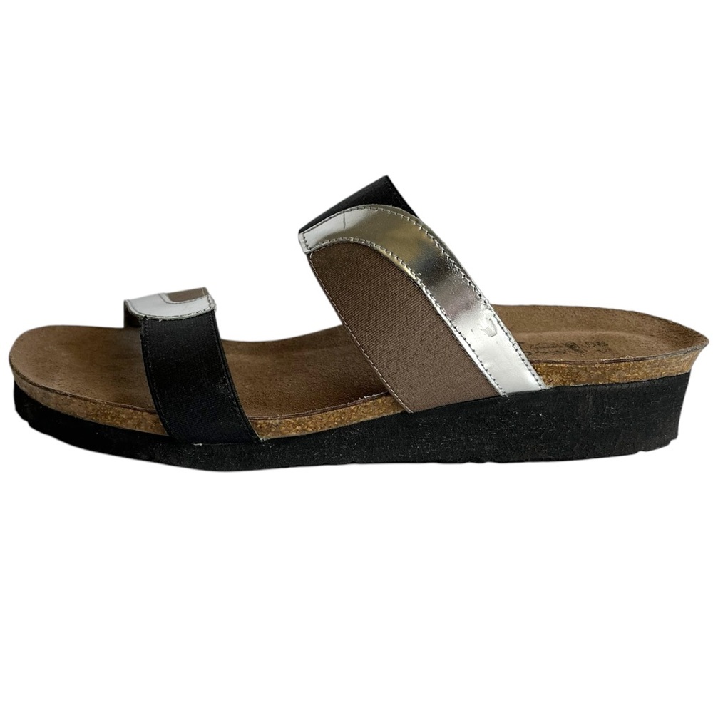 Womens Two-Strap Metallic and Brown Slide Sandal